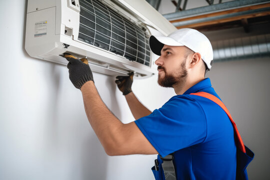 HVAC technician installing a mini split air conditioner in Palo Alto