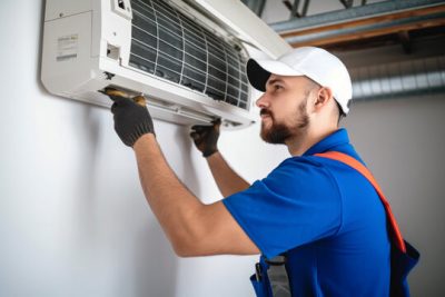 Mini Split AC Installation Palo Alto HVAC technician installing a mini split air conditioner in Palo Alto